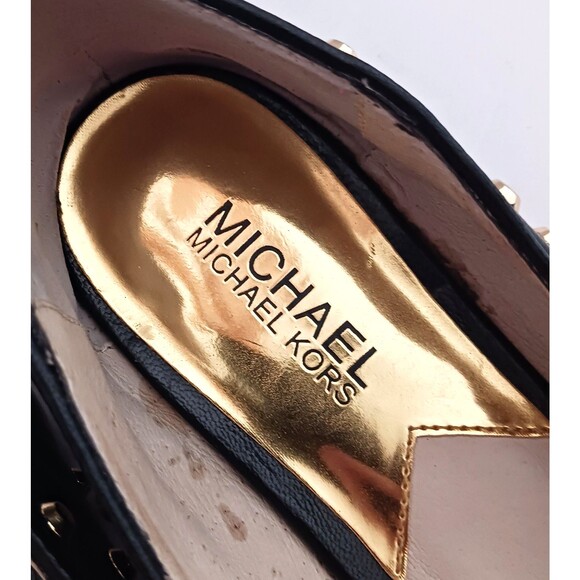 Michael Kors Ailee Blk Leather Flats Gold Studs 7.5M - Picture 3 of 8